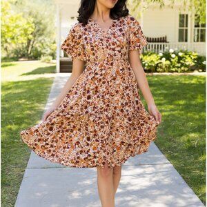NWT Mikarose Clementine modest flowy spring dress Crimson harvest floral SMALL